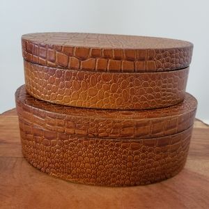 Nesting Box Pair (2) With Lids Oval‎ Faux Reptile Lined W/Black Velvet Brown